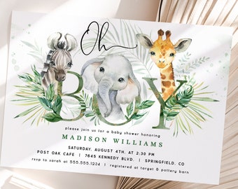 Safari Boy Baby Shower Invitation Bundle, Jungle Greenery template suite DOWNLOAD 5x7 invite, DIGITAL file, Corjl