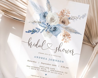 Dusty Blue Floral Bridal Shower Invitation: 5x7 Editable Template (Digital Download)
