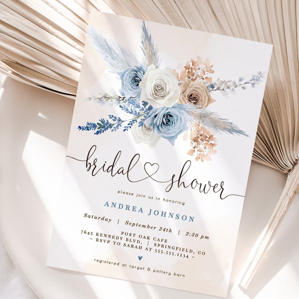 Dusty Blue Floral Bridal Shower Invitation: 5x7 Editable Template (Digital Download)