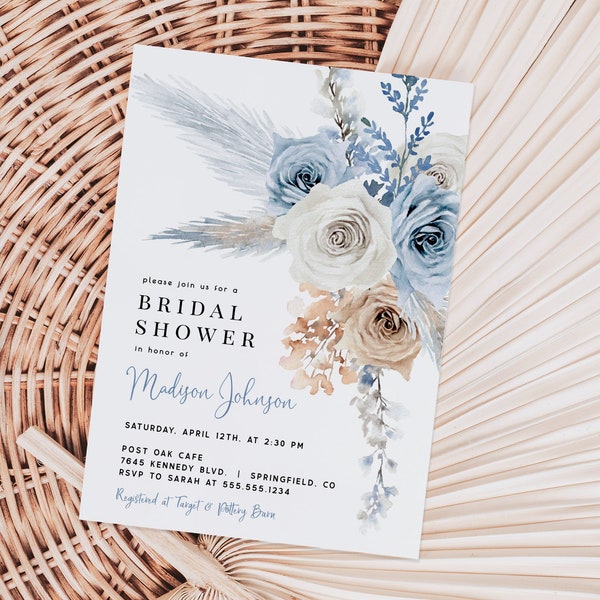 Editable Blue Boho Bridal Shower Invitation Template DOWNLOAD, Floral 5x7 invite, DIGITAL file, Corjl