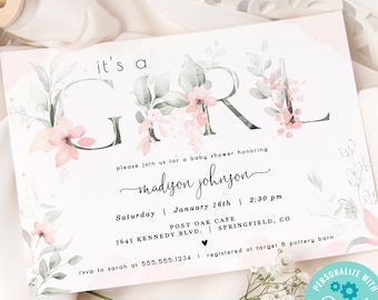 Pink Girl Baby Shower Invitation, Floral 5x7 invite | INSTANT DOWNLOAD | editable digital file, Corjl