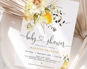Editable Lemon Baby Shower Invitation Template DOWNLOAD, 5x7 invite, Yellow Floral, DIGITAL file, Corjl