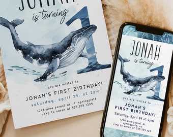 Whale First Birthday Invitation Editable template 5x7 and mobile invite DIGITAL download, Corjl bd1