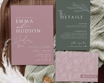 Dusty Rose Wedding Invitation Suite, Template Set Digital DOWNLOAD | editable invite bundle, Corjl
