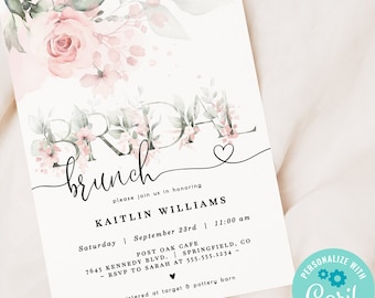 Bridal Shower Brunch Invitation, Pink Floral 5x7 invite | INSTANT DOWNLOAD | editable digital file, Corjl