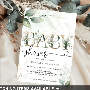 Editable Green & Gold Baby Shower Invitation Template DOWNLOAD, Eucalyptus Greenery 5x7 invite, DIGITAL file, Corjl, 09gr