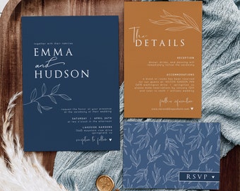 May include: A wedding invitation suite with a navy blue and brown color scheme. The invitation features a simple design with a branch and leaves in white. The text reads "Emma and Hudson" and includes the wedding date and location. The details card includes information about the reception, accommodations, and RSVP details.