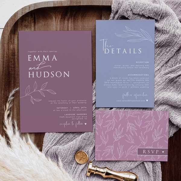 Purple Wedding Invitation Suite, Template Set Digital DOWNLOAD | editable invite bundle, Corjl