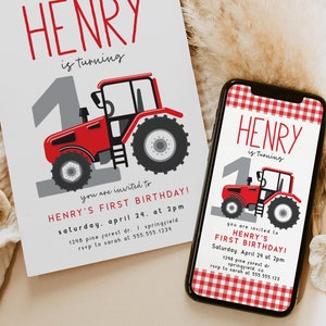 Tractor First Birthday Invitation Farm Editable template 5x7 and mobile invite DIGITAL download, Corjl bd7