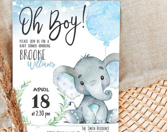 Baby Shower Invitation Boy Elephant, Editable Template DIGITAL DOWNLOAD, Templett, 01h