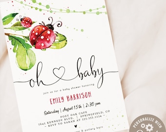 Ladybug Baby Shower Invitation, Girl printable invite / INSTANT DOWNLOAD / editable digital file, Corjl, ldy1