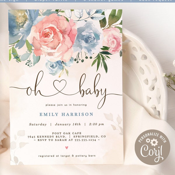 Pink & Blue Baby Shower Invitation, Floral 5x7 invite bundle | INSTANT DOWNLOAD | editable digital file, Corjl