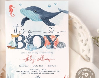 Boy Whale Baby Shower Invitation, Nautical 5x7 invite | INSTANT DOWNLOAD | editable digital file, Corjl