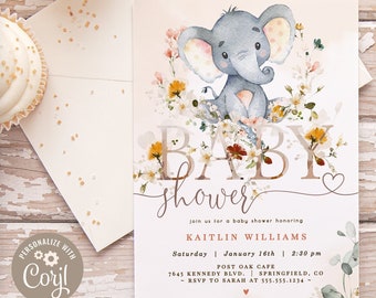 Elephant Baby Shower Invitation, Floral 5x7 invite bundle | INSTANT DOWNLOAD | editable digital file, Corjl