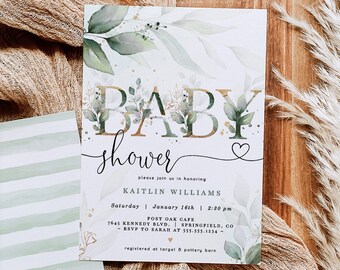 Eucalyptus Baby Shower Invitation Bundle: Green & Gold (Digital File)