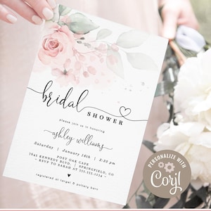 Pink Bridal Shower Invitation, Floral 5x7 invite | INSTANT DOWNLOAD | editable digital file, Corjl