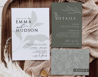 Sage Green Wedding Invitation Suite, Template Set Digital DOWNLOAD | editable invite bundle, Corjl