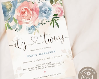 Floral Twins Baby Shower Invitation Bundle (Digital Download)