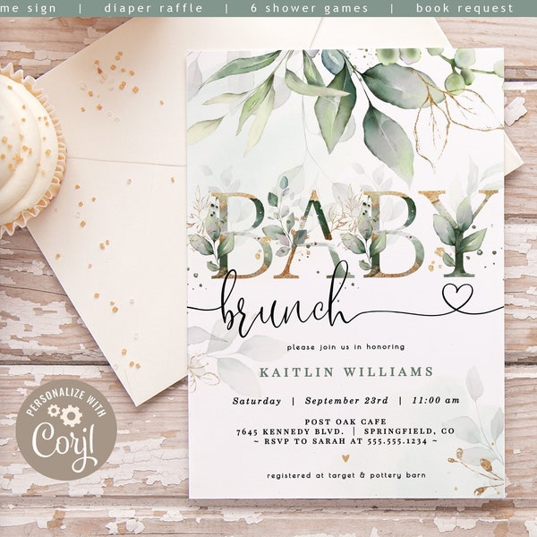 Baby Shower Brunch Invitation Bundle, Green & Gold Eucalyptus, Corjl editable templates, DIGITAL files