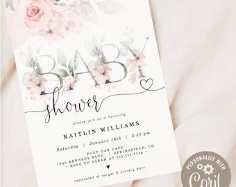 Pink Baby Shower Invitation, Floral 5x7 invite | INSTANT DOWNLOAD | editable digital file, Corjl