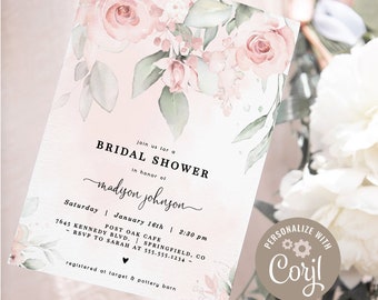 Pink Floral Bridal Shower Invitation, 5x7 invite | INSTANT DOWNLOAD | editable digital file, Corjl