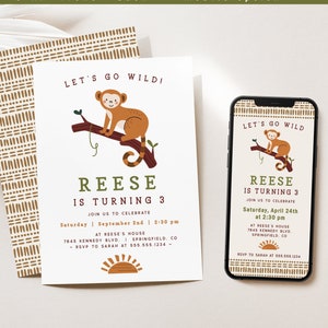May include: Editable invitation templates for a birthday party with a jungle theme. The invitation features a cartoon monkey on a branch, a sunset, and the text "Let's Go Wild! Reese is Turning 3". The invitation is available in 5x7 inch front and back formats, as well as a mobile option.