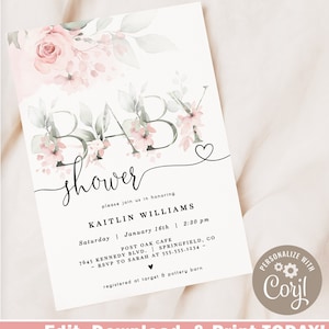 Pink Baby Shower Invitation, Floral 5x7 invite | INSTANT DOWNLOAD | editable digital file, Corjl