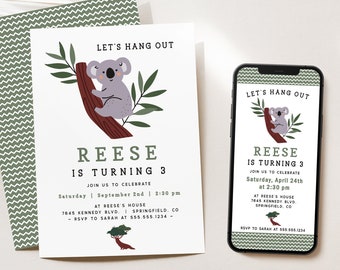 Koala Birthday Invitation Template, mobile invite DIGITAL DOWNLOAD, Corjl