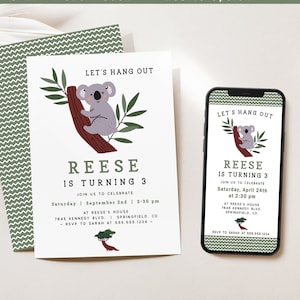 Koala Birthday Invitation Template, mobile invite DIGITAL DOWNLOAD, Corjl