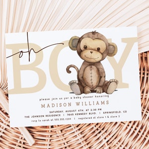 Invitación para baby shower de mono para niño, descarga de plantilla editable, archivo DIGITAL Corjl