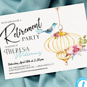 Birdcage Retirement Party Invitation, Floral 5x7 invite | INSTANT DOWNLOAD | editable digital file, Templett