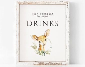Woodland Baby Shower Drinks sign, fox editable DIGITAL file, Corjl- ws5