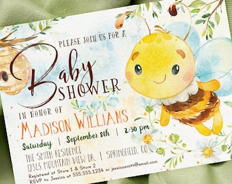 Honey Bee Baby Shower Invitation, 5x7 invite | INSTANT DOWNLOAD | editable digital file, Templett