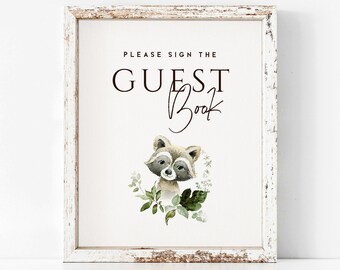 Woodland Baby Shower Guest Book sign, fox editable DIGITAL file, Corjl- ws5