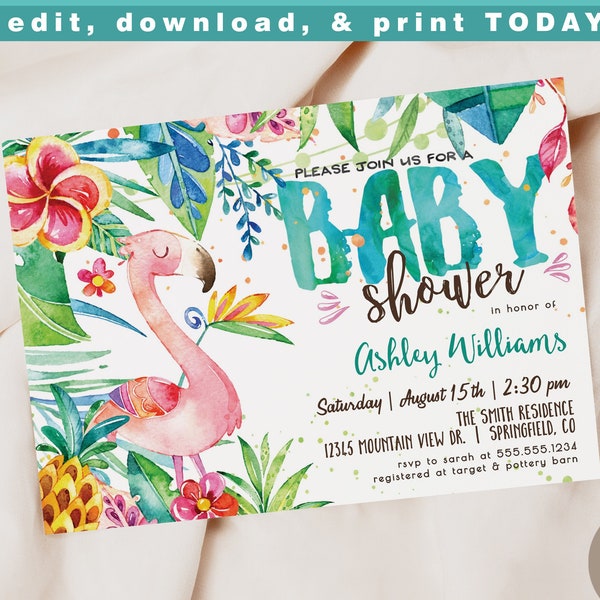 Tropical Flamingo Baby Shower Invitation Girl, Editable Template DOWNLOAD, 5x7 invite, DIGITAL file, Corjl