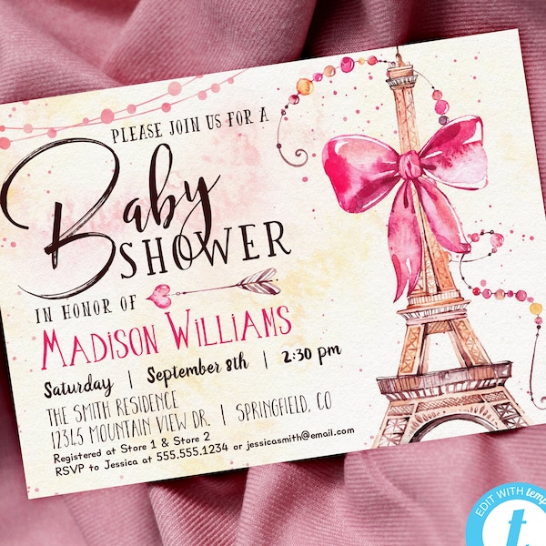 Paris Baby Shower Invitation, 5x7 invite | INSTANT DOWNLOAD | editable digital file, Templett