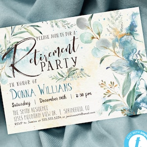 Retirement Party Invitation, Floral Watercolor 5x7 invite | INSTANT DOWNLOAD | editable digital file, Templett