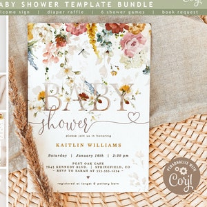 Wildflower Baby Shower Invitation, DIGITAL Corjl editable template bundle