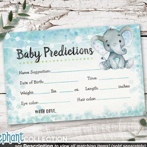 Voorspellingen olifant baby, blauwe afdrukbaar, activiteit babyshower, INSTANT DOWNLOAD digitaal bestand - 01 uur