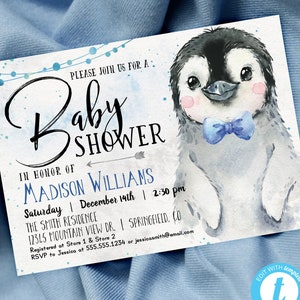 Convite do chá de fraldas do pinguim, inverno 5x7 do de &lt;br&gt; Crie Seu Próprio Produto! DOWNLOAD INSTANTÂNEO | arquivo digital editável, Templett