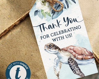 May include: Blue and white floral thank you tag with a watercolor sea turtle illustration. The tag says "Thank you for celebrating with us!"