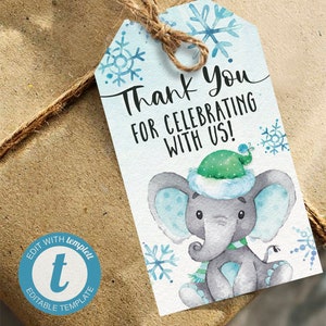 Winter Elephant Baby Shower Gift Tags, Thank You Favor Tags printable INSTANT DOWNLOAD digital file - ws4