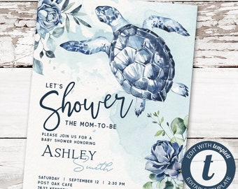 Blue Sea Turtle Baby Shower Invitation, Ocean printable invite | INSTANT DOWNLOAD | editable digital file, Templett