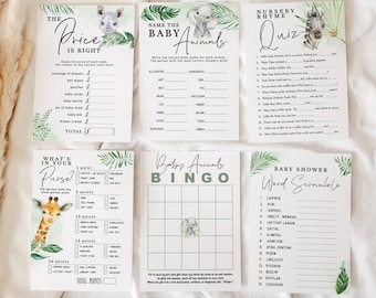 May include: A set of printable baby shower games with a jungle theme. The games include "The Price is Right", "Name the Baby Animals", "Nursery Rhyme Quiz", "What's in Your Purse", "Baby Animals Bingo", and "Baby Shower Word Scramble".