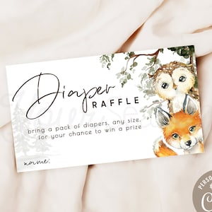 Billet de tombola Woodland couches, carte d'insertion, baby shower renard et hibou, fichier numérique modèle modifiable, Corjl-ws5