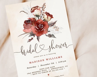 Burgundy Bridal Shower Invitation, Floral 5x7 invite | INSTANT DOWNLOAD | editable digital file, Corjl