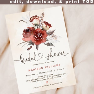 Könnte beinhalten: Eine druckbare Einladungsvorlage für eine Brautparty mit einer Aquarell-Illustration eines Straußes roter Rosen und weißer Zweige. Der Text lautet "bridal shower" mit einem Herzsymbol und "please join us in honoring MADISON WILLIAMS Saturday November 7th 2:30 pm POST OAK CAFE 7645 KENNEDY BLVD. SPRINGFIELD, CO RSVP TO SARAH AT 555-555-1234- registered at target & pottery barn".