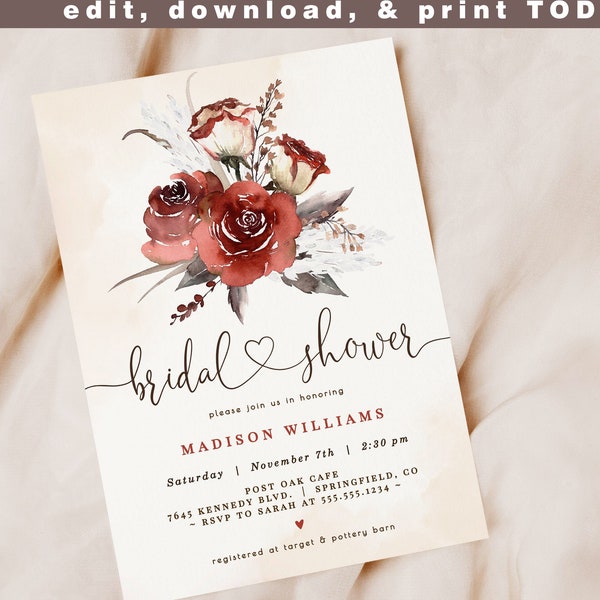 Burgundy Bridal Shower Invitation, Floral 5x7 invite | INSTANT DOWNLOAD | editable digital file, Corjl
