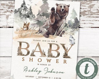 Woodland Bear Baby Shower Invitation Template (Digital Download)