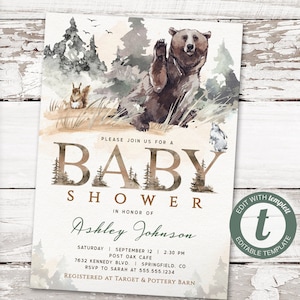 Pode incluir: Um convite para um chá de bebê com tema de floresta com um fundo de aquarela que apresenta um urso, um esquilo e um pássaro. O texto diz "Por favor, junte-se a nós para um Chá de Bebê em homenagem a Ashley Johnson".